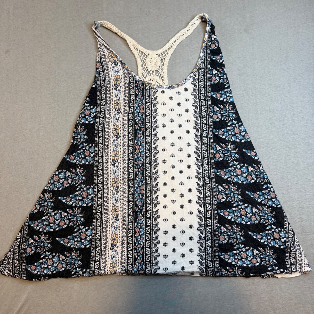Sweet Rain Mixed Paisley Floral Crochet Lace Racerback Tank Top Small Boho Blue